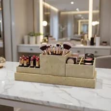 ORGANIZADOR PORTA MAQUIAGEM MDF COM 3 POTES E BANDEJA PORTA TRECO MULTI-USO