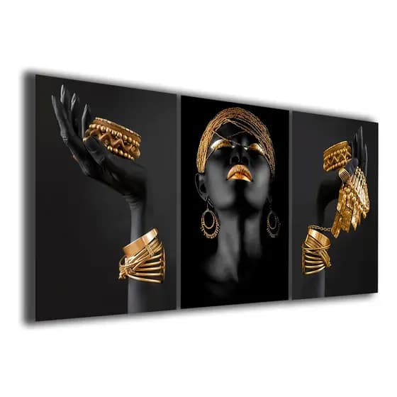 Kit 3 Quadros Decorativos 120x60cm Mulher Africana Negra Poder Jóia Ouro Mosaico Sala Quarto Escritório