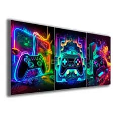 Kit 3 Quadros Decorativos 120x60cm Gamer Game Neon Controle Jogos Mosaico Sala Quarto Escritório