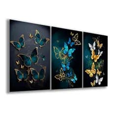 Kit 3 Quadros Decorativos 120x60cm Abstrato Borboleta Ouro Azul Inseto Animal Mosaico Sala Quarto Escritório