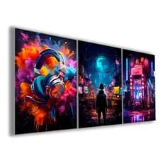 Kit 3 Quadros Decorativos 120x60cm Cyberpunk Controle Colorido Gamer Mosaico Sala Quarto Escritório