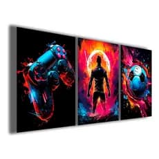 Kit 3 Quadros Decorativos 120x60cm Controle Futebol Gamer Jogador Jogo Mosaico Sala Quarto Escritório