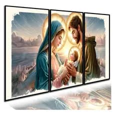 Kit 3 Quadros Decorativos Mosaico Sagrada Família Religioso Para Sala Quarto Escritório Hall