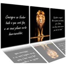Kit 3 Quadros Decorativos Mosaico Leão Versículos Bíblicos Motivacionais Para Sala Quarto Escritório Hall