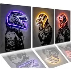 Kit 3 Quadros Decorativos Mosaico Neon Motociclista Moto Para Sala Quarto Escritório Hall