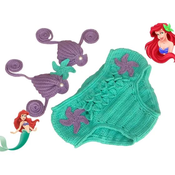 Biquini Sereia Ariel em Crochê para Bebês Conjunto praia