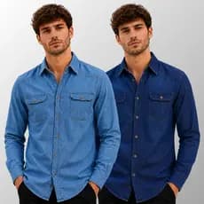 Kit 2 Camisa Jeans Masculina Social Manga Longa