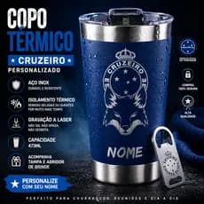 Copo Térmico Cruzeiro Personalizado Inox 473ml com Nome Tampa + Abridor Laser