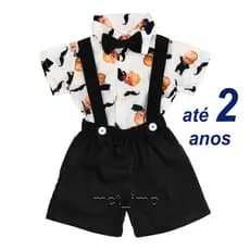 Conjunto Social Macaquinho Bermuda + Suspensório Infantil Até 2 Anos Batizado