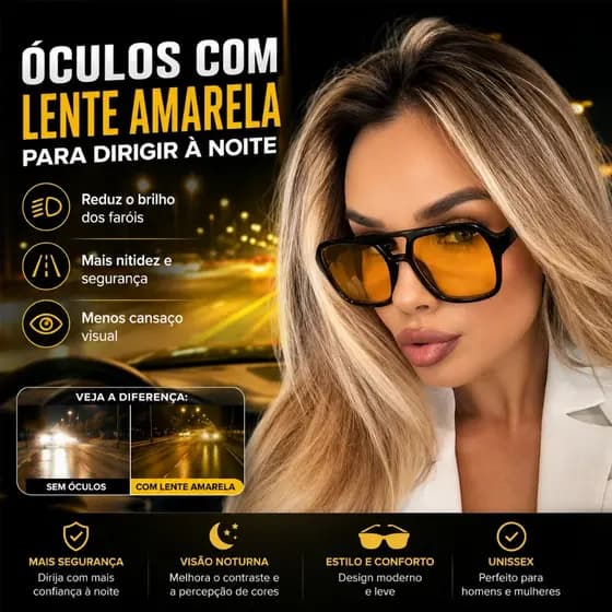 Óculos Piloto com Lente Amarela para Dirigir à Noite Antirreflexo Reduz Ofuscamento e Melhora a Visão