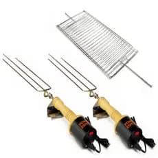 2 Espetos Giratórios Elétricos + Grelha Churrasco Churrasqueira Top Premium Carne Peixe