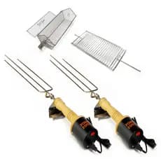 2 Espetos Giratórios Elétricos Premium + Grelha + Cesto Churrasco Churrasqueira Top Premium Carne Peixe