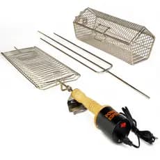 Espeto Giratório Elétrico Portátil Completo Churrasco Churrasqueira Top Premium Carne Peixe Grelha Cesto