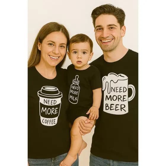 Camisetas Tal Pai, Tal Mãe, Tal Filho (a) Need More Coffee Beer MilK Camisetas para a Família 3 PEÇAS PRETO