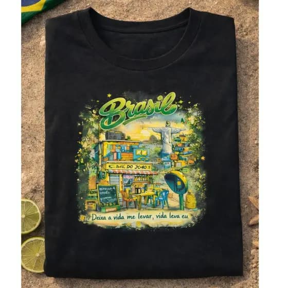 Camiseta Brasil Praia Rio Preta Estampa Colorida