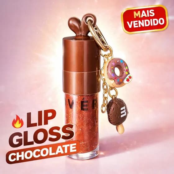 Lip Gloss Labial Chocolate | Hidratante Labial  | Brilho Labial com Chaveiro 3 Pingentes Love Rain LR-7155