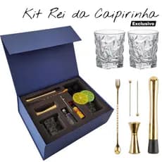 Kit Presente Copos de Caipirinha Drink Whisky + Acessórios Dosador Colher Socador Inox Mulher Amiga Homem Pai Namorado