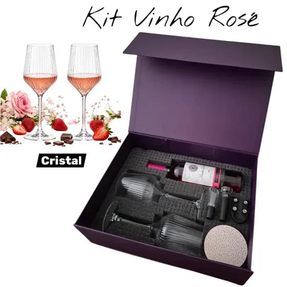 Kit 2 Taças de Cristal + Vinho Rosé Chileno de 750 ml + Acessórios Premium Presente de Aniversário Namorada Amiga Mãe