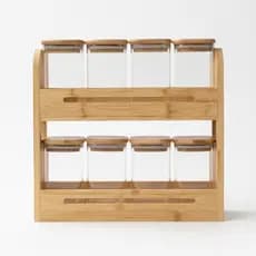 Jogo 8 Potes De Vidro Para Temperos Com Suporte De Bambu