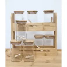 Kit 8 Potes De Vidro Com Base E 8 Colheres De Bambu Temperos