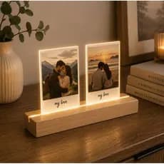Porta Retrato Iluminado Com Sua Foto Suporte de Madeira Luminoso Estilo Polaroide