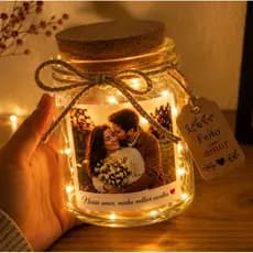 Pote de luz personalizado com sua foto potinho iluminado porta retrato casal de vidro abajur
