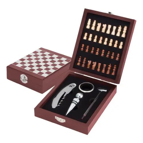 Kit Abridor De Vinho Xadrez Profissional Inox Mdf Presente