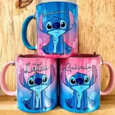 CANECA PERSONALIZADA STITCH OHANA ALTO BRILHO com Nome Porcelana , Disney