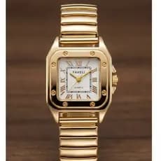 Relógio de Pulso Feminino Quadrado Luxo Dourado, Pulseira elástica