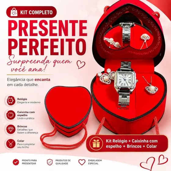 Kit Presente Luxo Feminino Relógio + Colar + Brincos + Caixa Coração com espelho Presente Mulheres Mães Namoradas