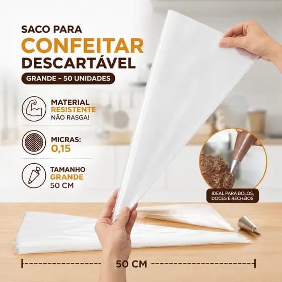 Saco de Confeitar Descartável 50cm Grande - Pacote com 50 Unidades Profissional Reforçado