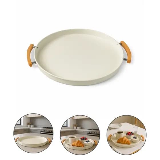 Bandeja Decorativa Multiuso Grande Para Servir Metal Redonda Reforçada Alça Em Bambu 36 cm Lumi