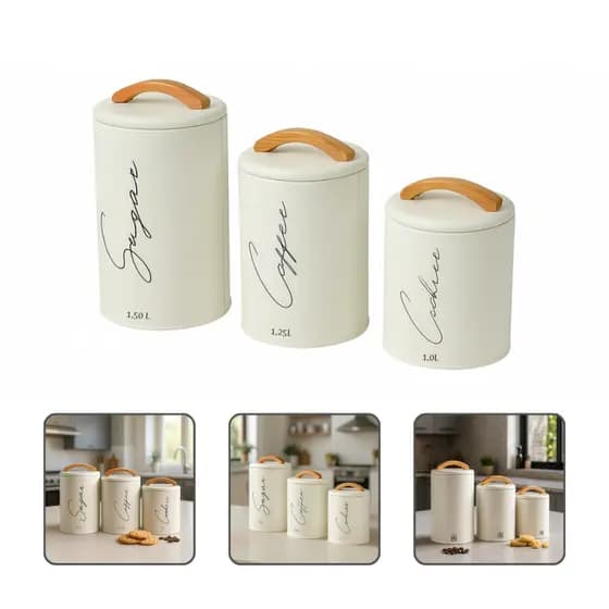 Kit 3 Potes Herméticos Mantimentos Lata Com Tampa E Alça Em Bambu Açúcar Café E Cookies