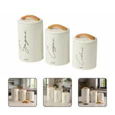 Kit 3 Potes Herméticos Mantimentos Lata Com Tampa E Alça Em Bambu Açúcar Café E Cookies