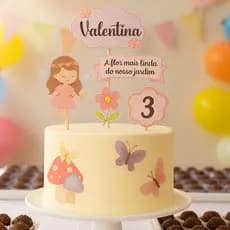 Topo de Bolo Jardim Encantado Personalizado Fadinha, Flores e Borboletas Topper