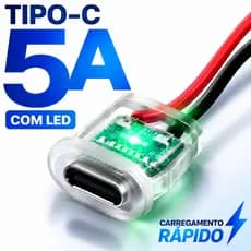 Conector USB-C Fêmea Painel 3A/5A Turbo Para Moto Carro Barco -Versões Com ou Sem LED