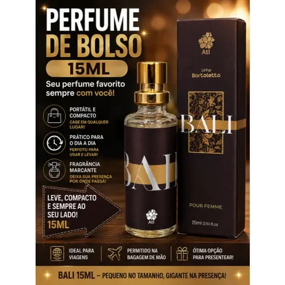 Perfume Feminino Bali 15ml | Mini Perfume de Bolsa | Fragrância Marcante e Sofisticada Compacto e Elegante