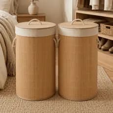 Kit 2 Cesto de Roupa Suja Bambu 60cm Grande 72L com Tampa Forro Alças Organizado Brinquedos Banheiro