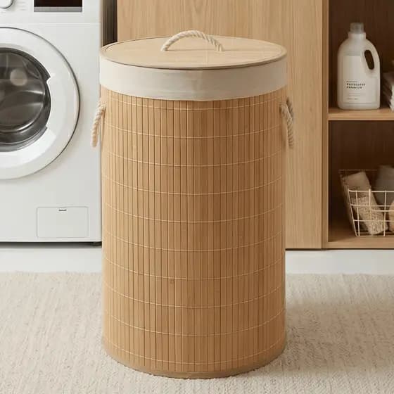 Cesto de Roupa Suja Bambu Grande 72L com Tampa Forro Alças Organizador Brinquedos Objetos Lavanderia