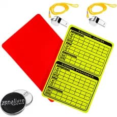Kit Arbitro Futebol Futsal 2 Apitos de Metal Cartão Amarelo Vermelho Moeda Cara Coroa