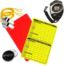 Kit Árbitro Cronômetro + 2 Apitos + Cartão Amarelo e Vermelho + Moeda Cara Coroa Juíz De Futebol