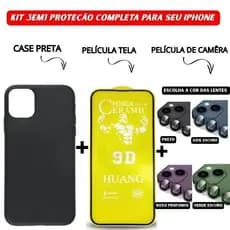 Kit Case Preta + Película Cerâmica Fosca + Película Câmera Colorida iPhone 11 12 13 14 15 16 Pro Max - Ramos