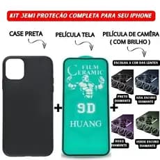 Kit Case Preta + Película Cerâmica + Película Câmera Diamante iPhone 11 12 13 14 15 16 Pro Max - Ramos
