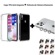 Kit Capa TPU Anti Impacto Transparente + Película Câmera Diamante iPhone 11 12 13 14 15 16 Pro - Ramos
