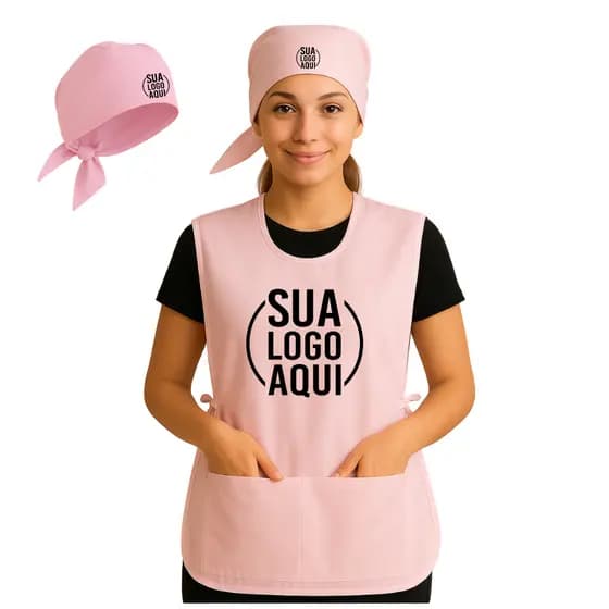 kit Avental +Touca Bata Jaleco Rosa bebe Com Sua Logo