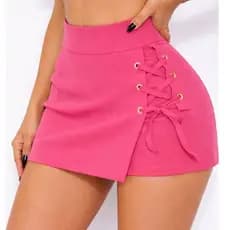 Short Saia Bengaline Feminino Cintura Alta com Amarração Lateral Ilhós Moda Blogueira