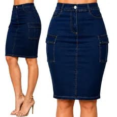 Saia Cargo Jeans Cintura Alta Que Modela   Mídi  Bolso Cargo Lateral Jeans Com Elastano