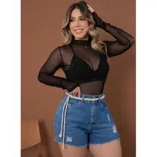Short Jeans Feminino Cintura Alta Premium  com Cinto Trançado Estilo Verão