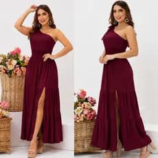 Vestido Adulto Ombro Só  Detalhe Lastex Babado  Longo Festa Madrinha Casamento Formatura Batizado