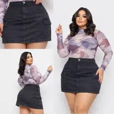 Saia Cargo Jeans Curta Plus Size Cintura Alta com Bolsos Funcionais 46 ao 52 Moderna